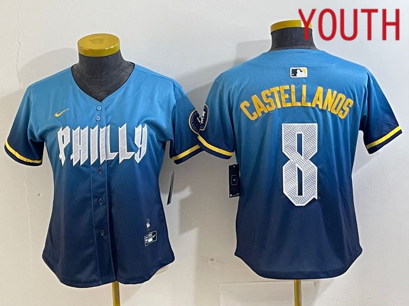 Youth Philadelphia Phillies #8 Castellanos Blue City Edition Nike 2024 MLB Jersey style 1->youth mlb jersey->Youth Jersey